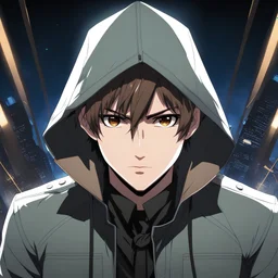 (masterpiece), (anime style), award winning, close up, centered, headshot, looking toward camera, messy brown hair, young man, brown eyes, modern, dynamic lighting, ultra detailed, (epic composition, epic proportion), professional work, black clothes