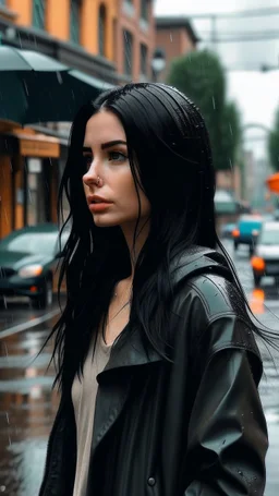 beautiful girl with black hair walking from music city and dreaming of a rainy world