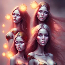 fantasy art, digital painting, four pretty female sorceresses, nip, realistic