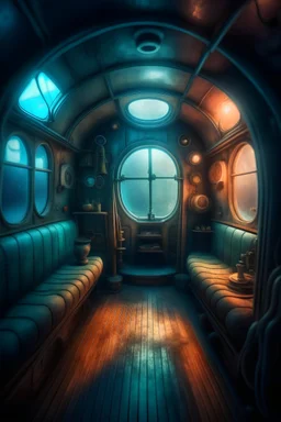 a look from the inside of a whimsical submarine made out of fur, hyper realism, photo realism, realistic lighting, realistic color grading