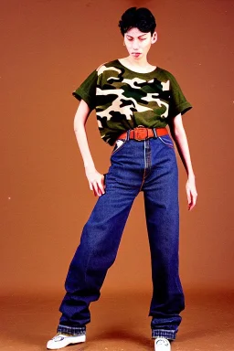 year 1996 denim fashion. Loose fit, "combat pants" with low waist, baggy, Combat pants and t-shirt. Colors: denim blue, blue, purple, khaki, light green, lilac, plum, orange, terracotta, red, pink, dark blue, beige. Women models. Patterns: Something between camouflage and lynx prints, stripes.Something between camouflage and lynx fur pattern prints.Jennifer Lopez, Gwyneth Paltrow, . Big tennis shoes on. Cargo pants. street vs. grunge