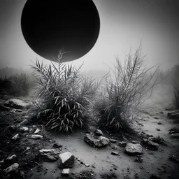 A striking quality Kodak photograph captures a wasteland with a group of plants, creepy, details of the dust very accentuated, glossy organic mass, adorned with minerals and rocks. Bathed in intense light, eerie, Max Ernst style, black sun, fog