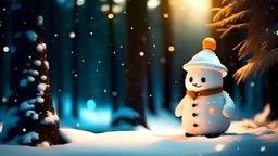 christmas time,snow, snowman ,a fir forest on the backround,24k,bokeh,fireflies