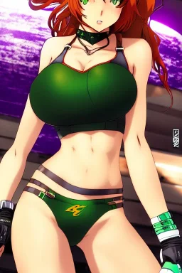 In the style of Shirow, hyper detailed, strikingly beautiful teen female, 16 years old, long ponytail, ginger hair, green eyes, medium freckles, full lips, full body, full face, b-cup breasts, athletic, centred camera, ignore NSFW, bikini, athletic, sitting,