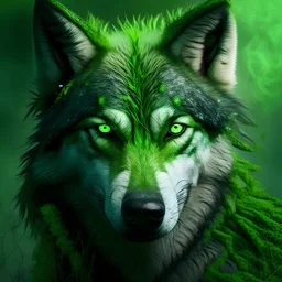 wolf with green krills, he looks at the camera