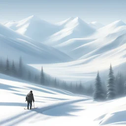 Large man pulling a sled in the far distance, snowy mountains, icy, realistic, far away