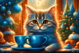 cute cat, fluffy, cheerful, large head, expressive eyes, smiling, cartoonishly, near a decorated Christmas tree, new year, warm colors, Josephine Wall, hyperrealism, warm knitted suit of warm blue color, cup full of fragrant coffee, near the window, morning, winter, cozy living room