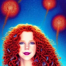 Robyn Lively, her striking perfectly detailed clear eyes, her perfect, precisely detailed lightly freckled face, meticulously detailed long curly multi-hued ginger carrot cherry fire red hair, luminous colorful sparkles; by james r. eads, gawki, rajewel, tania rivilis, dan mumford, lisa frank, artgerm, greg rutkowski, alphonse mucha and william-adolphe bouguereau; glitter, airbrush, octane render, volumetric lighting, 16k, photorealistic digital painting, artstation, smooth, sharp focus