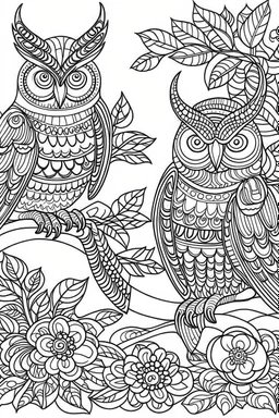 A cute peaceful forest with wise owls and calming patterns, Coloring page for kids, cartoon style, thick outline, low details, no shading, no color