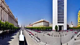 A Tesla semi-truck is racing at top speed, across the 'Plaza de la Constitución', in the city of Mexico. CINEMATIC. WIDE ANGLE LENS. PHOTO REAL.