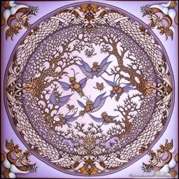 A light purple dominion with fairies designed in German folk art painted by MC Escher