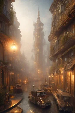 city magic steampunk, daylight, realistic, 8k,