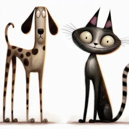 A quirky, storybook‑style illustration featuring a tall, elongated dog and Siamese cat with delightfully distorted proportions—slightly oversized heads, and expressive, off‑beat faces that feel charmingly awkward. Their bodies are slim, stretched, and comically upright, with subtle painterly textures and soft glowing highlights. The dog has a lanky, spotted coat with exaggerated posture, while the cat has a long, bendy silhouette with a mischievous, sideways grin. Both characters stand close tog
