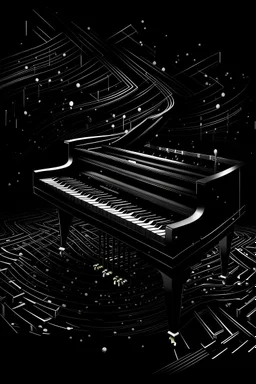 black piano with zig-zag musical notes against a dark background style abstract