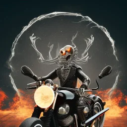 Fire head skeleton Rider wearing a black leather on black motorcycle in the middle of street rounded by high tower