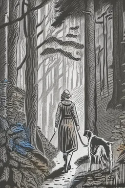 in the style of a Henry Justice Ford drawing, a woman walks through a forest, she is followed by a dog