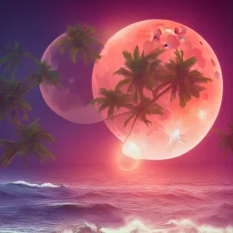 1980's vaporwave aesthetic palm trees with lightning with lunar eclipse moon crescent in the ocean waves sunset