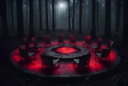 evil mystical forest night witchcraft, summoning circle, plastic chairs in a circle, bloodsplatter