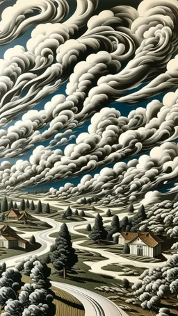 A white cloudy sky with tornadoes painted by MC Escher