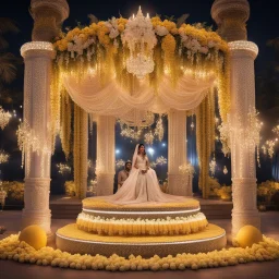 Hyper Realistic Beautiful Traditional Indian Wedding Stage decorated with different Yellow & White flowers & neon wedding lights with people at Night