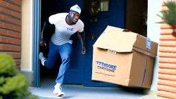 suspiciously looking Tyrone sneaking away with small delivered package from apartment mailroom