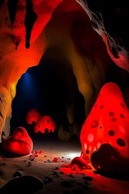 A light red cavern covered in lava with molten crystals painted by Joan Miro