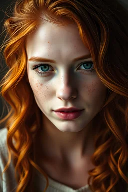 Incredibly beautiful ginger haired woman with freckles. wavy hair, raw photo