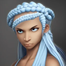 Female Air Genasi Monk with light blue skin tone, braided white hair, grey eyes, and serene facial expression.