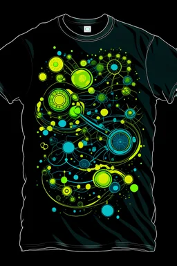t shirt print with the eukaryotic cell scheme with blue, green and yellow colours, lab logo print on black t-shirt