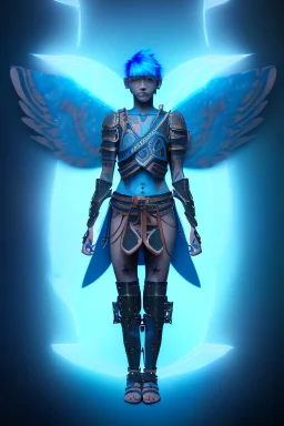 a person in runic armor with blue wings, blue short hair, runic tattoo and spell book