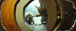 weird ass squirrel burglar breaking open a hexagon door with a crowbar , pinhole cam, airbrush 3d rendering, in the style of John Atkinson Grimshaw , torn edges on border