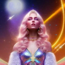  full body white goddess woman glitter smiling long blond hair blue eyes in a galactic ambiance, delicate colors in the foreground, full of details, smooth, light effect，vaporwave colorful, smooth, extremely sharp detail, finely tuned detail, ultra high definition, 8 k, ultra sharp focus