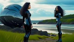 A long-haired woman in a robotic-looking catsuit standing on a beach of a rocky landscape with a crashed spaceship in the distance, with a forest beyond