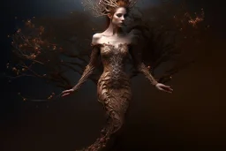 full body shot of a young woman covered in tiny copper filigree branches, emerging from a winter tree, detailed matte painting, deep colour, fantastical, intricate detail