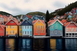 Colored pencil drawing, Very detailed, Realistic, Drawing of the colorfull houses in the city Bergen in Norway. Colorfull, professional, detailed, pencil strokes