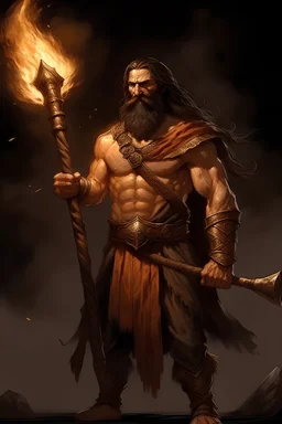 burly man, looks to be in his 30s, 7 foot tall, wide strong figure, brown hair and grand beard, old greek style clothing, holding a very large sword with engravings on the blade that look to be on fire