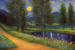 Night, moon, trees, distant trees, flowers, distant mountains, pathway, grass, impressionism painting