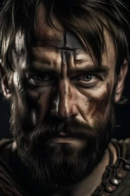 Portrait of a male warrior, scars on his face, short brown beard, middle age, dark eyes