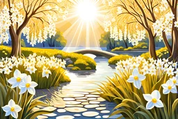 charming garden with white narcissus, white, or gold light effects colors, sun, realistic, blooming trees in springtime, pound, bridge, willow, highly detailed, high contrast, 8k, high definition, concept art, sharp focus