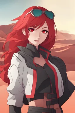 Woman with cute and shhair, bright red hair, crimson eyes, wearing futuristic clothes, cheerful, desert background, RWBY animation style