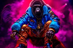 humanised gorilla, dressed like a rapper, whearing jacket, golden jewelry, sun glasses, sneakers, on a stage, dramatic lighting, photography, super detailed