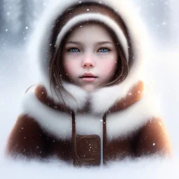 Portrait of girl child with brown hair and with cute face, north pole snowy vibe , perfect composition, hyperrealistic, super detailed, 8k, high quality, trending art, trending on artstation, sharp focus, studio photo, intricate details, highly detailed, by greg rutkowski