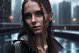 Retrato fotográfico realista de mujer, pelo moreno, mojada por la lluvia, con la ciudad difuminada al fondo, estilo gótico futurista