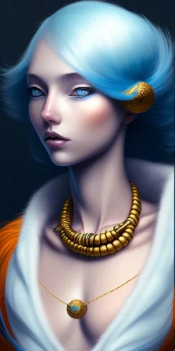 human kingfisher girl with blue hair and orange strand of hair wearing a blue winter coat and a gold necklace