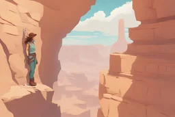a beautiful videogame with a woman archeologist of the future climbs a Grand Canyon wall, Rime-Jusant low poly style game, moebius graphic novel