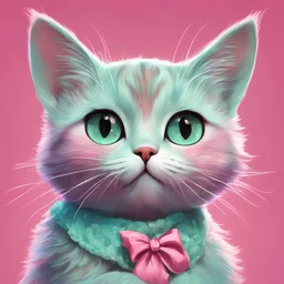 A heartwarming cartoon illustration featuring an irresistibly cute mint-colored cat on a vibrant pink background, (heartwarming cartoon:1.4), (cute mint-colored cat:1.5), (vibrant pink background:1.3), (expressive mint hues:1.2), influenced by the styles of heartwarming cartoonists, trending on ArtStation, Intricate, Sharp focus, vibrant lighting, (whimsical:1.4), (captivating details:1.5), (lush fur details:1.3), Cartoon, Masterful, Captivating, High Detail, Cinematic view
