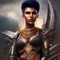 fantasy setting, woman, dark-skinned, indian, ranger, 23 years old, one side shaved, mohawk haircut,