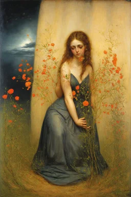 Night, one woman, flowers, vegetations, gothic horror films influence, creepy, depressive, gloomy, witch influence, arnold bocklin, and henry fuseli paintings