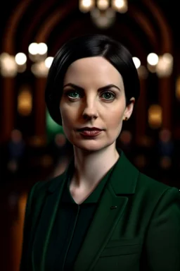 beautiful portrait of a 20s female politician with dark hair entering parliament. She has dark green eyes and pale skin
