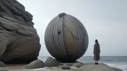 LARGE MINIMALIST SPHERICAL BUILDING ON ROCKY BEACH, Full HD, Full body, Shabby chic outfit, Crinkled, 360 angle